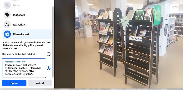 En skärmdump från Facebook, där bilden visar en alt-text till en bild på ett bibliotek.